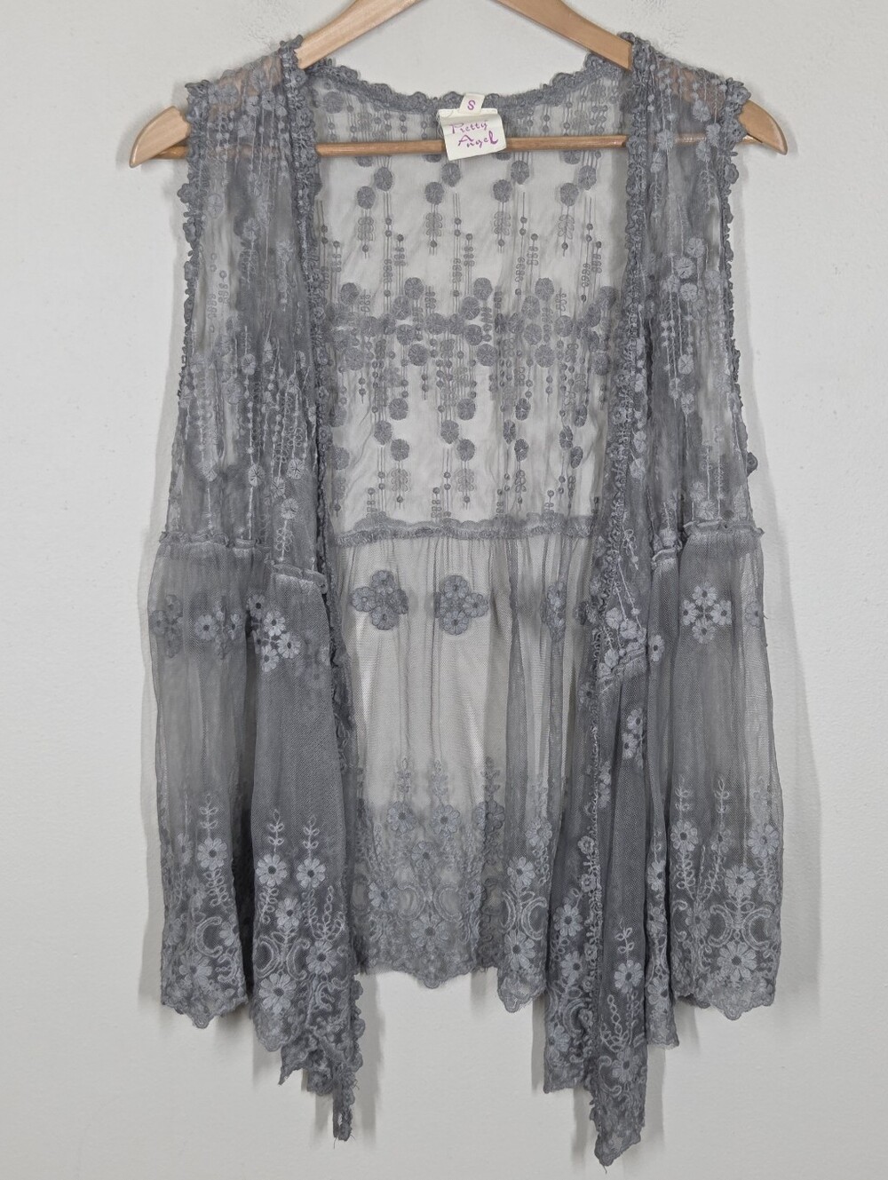 Pretty Angel Gray Mesh Floral Embroidered Sheer Vest Silk Blend S Fairy Boho